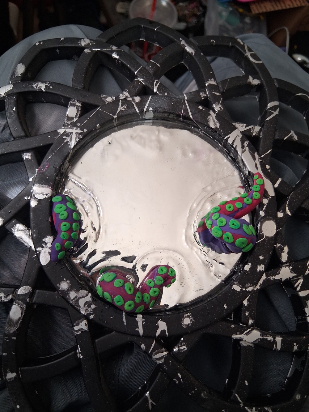 Black Decorative Mixed Media Wall Mirror With Octopus Tenticles Escaping - Picture 11 of 11